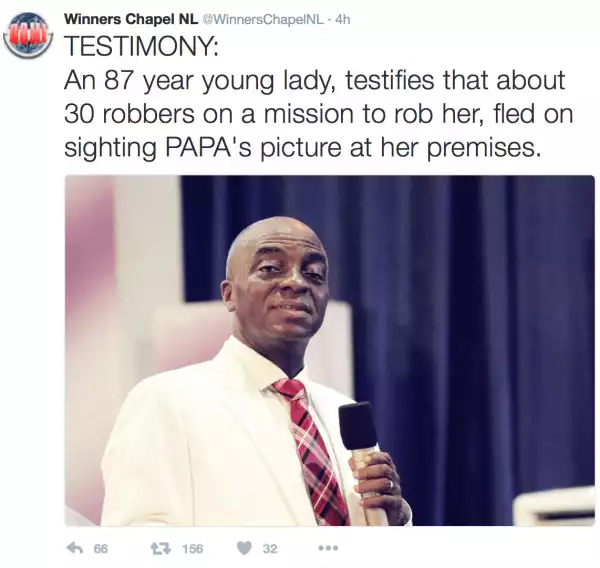 Winners Chapel member claims 30 robbers about to attack her fled on seeing Oyedepo